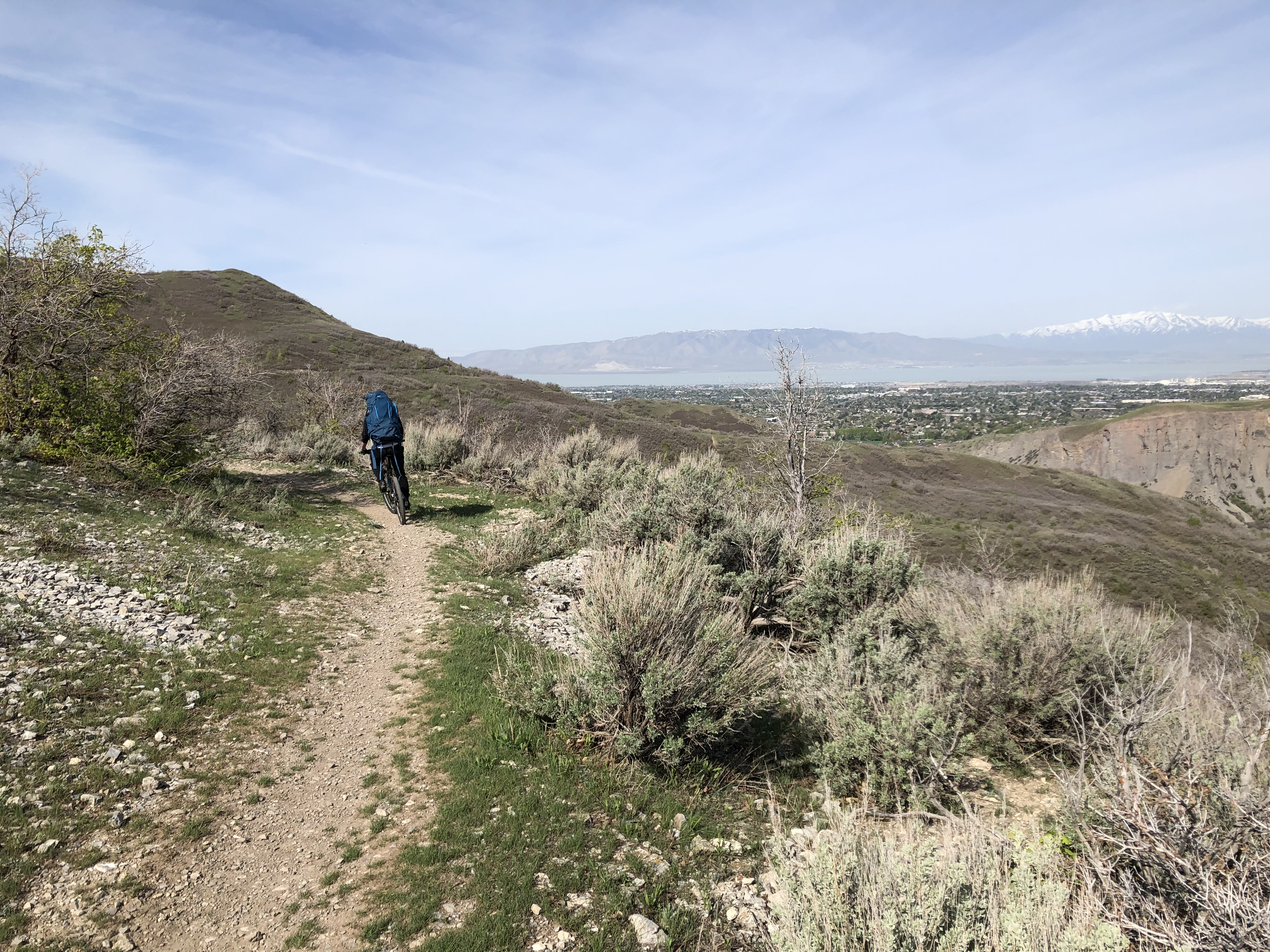 Caleb with his massive backpack on our way home.